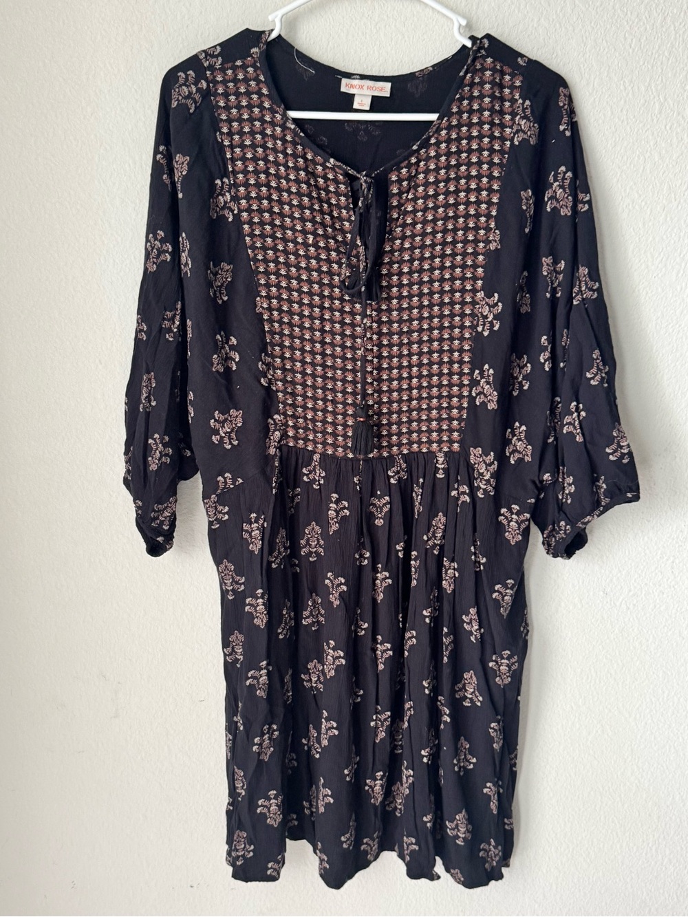 Knox Rose Black Floral Tie-Neck Long Sleeve Midi Dress